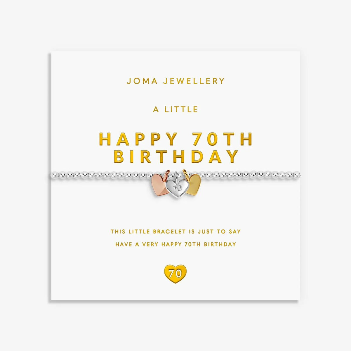 A Little Charmed Moments 'Happy 70th Birthday' Bracelet In Silver, Gold, and Rose Gold Plating