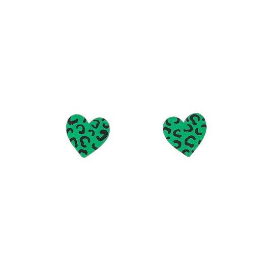 Mini Leopard Print Heart Green and Black Wooden Earrings