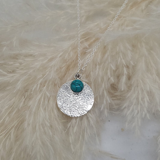 Turquoise and Silver Textured Disc Necklace