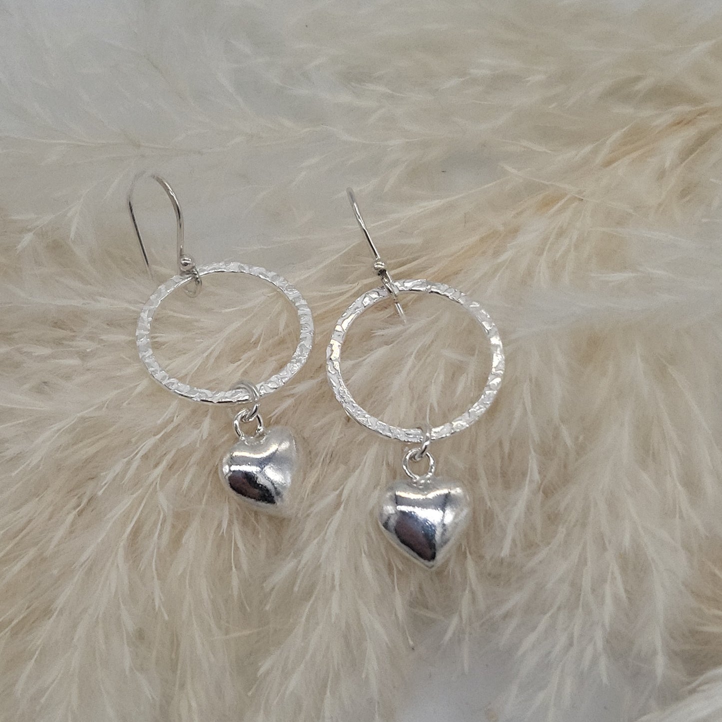 Silver Hammered Circle Heart Drop Earrings
