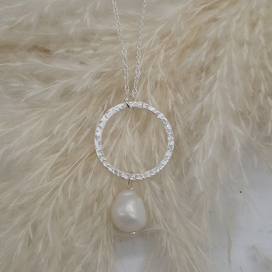Hammered Silver Circle and Pearl Necklace