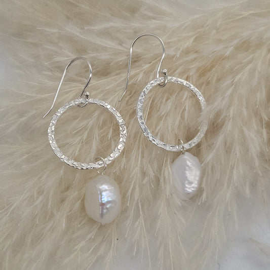 Hammered Circle and Pearl Drop Earrings