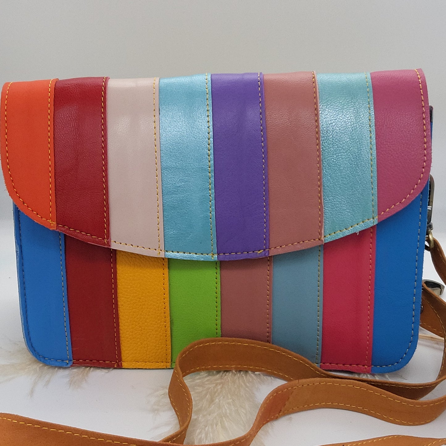 Recycled Leather Multicoloured Crossbody Bag - Handmade
