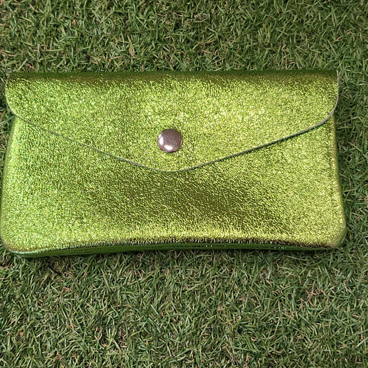 Large Metallic Leather Button Purse Lime