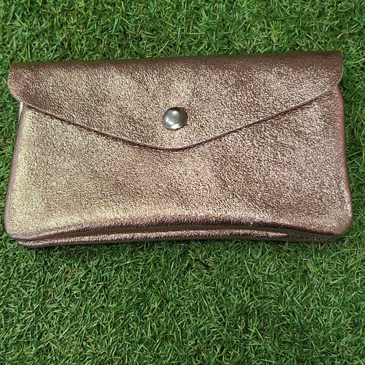 Large Metallic Leather Button Purse Rose Gold