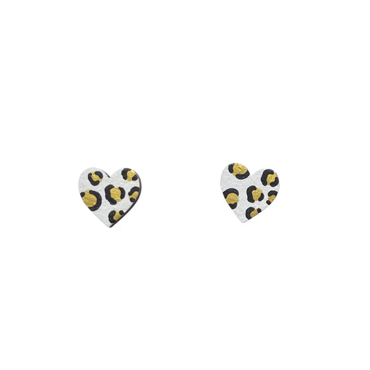 Mini Leopard Print White and Gold Wooden Earrings
