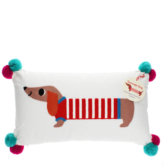 Embroidered Cushion with Pom Poms - Sausage Dog