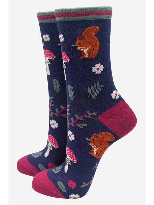 Women's Squirrel Ankle Socks Woodland Animals Toadstools