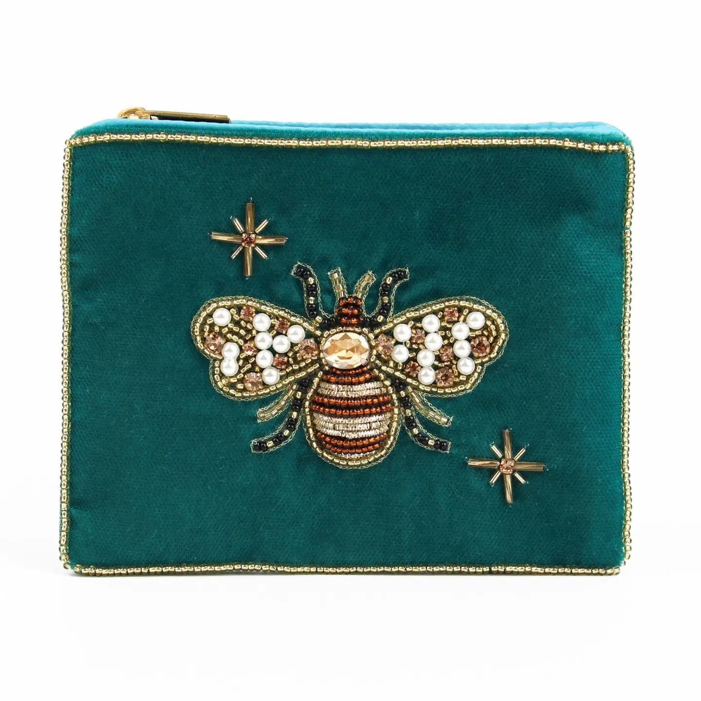 Teal Golden Bee Small Velvet Pouch