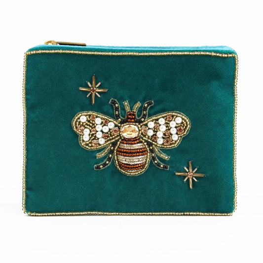 Teal Golden Bee Small Velvet Pouch