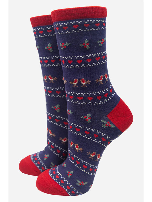 Women's Fair Isle Style Robin and Holly Print Bamboo Socks