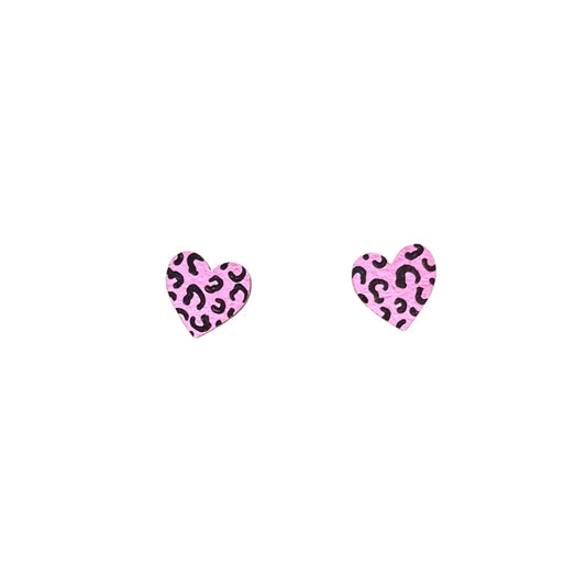 Mini Leopard Print Heart Pink and Black Wooden Earrings