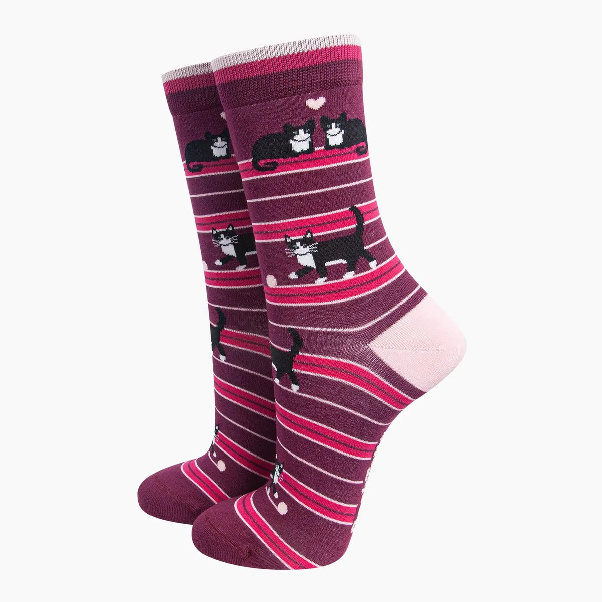 Cat Stripe Women's Bamboo Socks in Burgundy