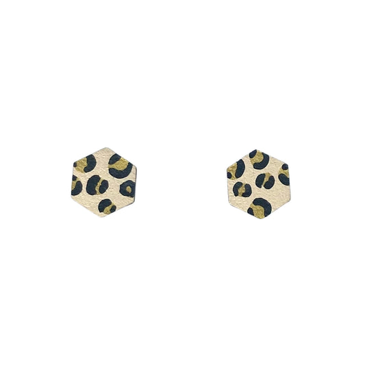 Mini Hexagon Leopard Print Hand Painted Studs Beige and Gold