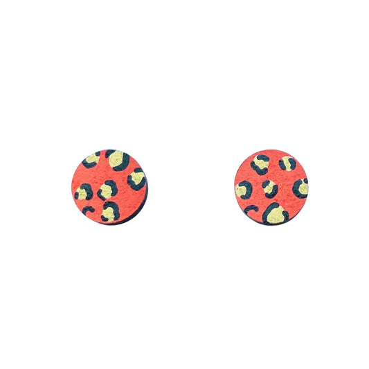 Mini Leopard Print Circle Studs Orange and Gold