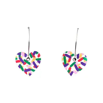 Hand Painted Small Confetti Wooden Heart Hoop Earrings