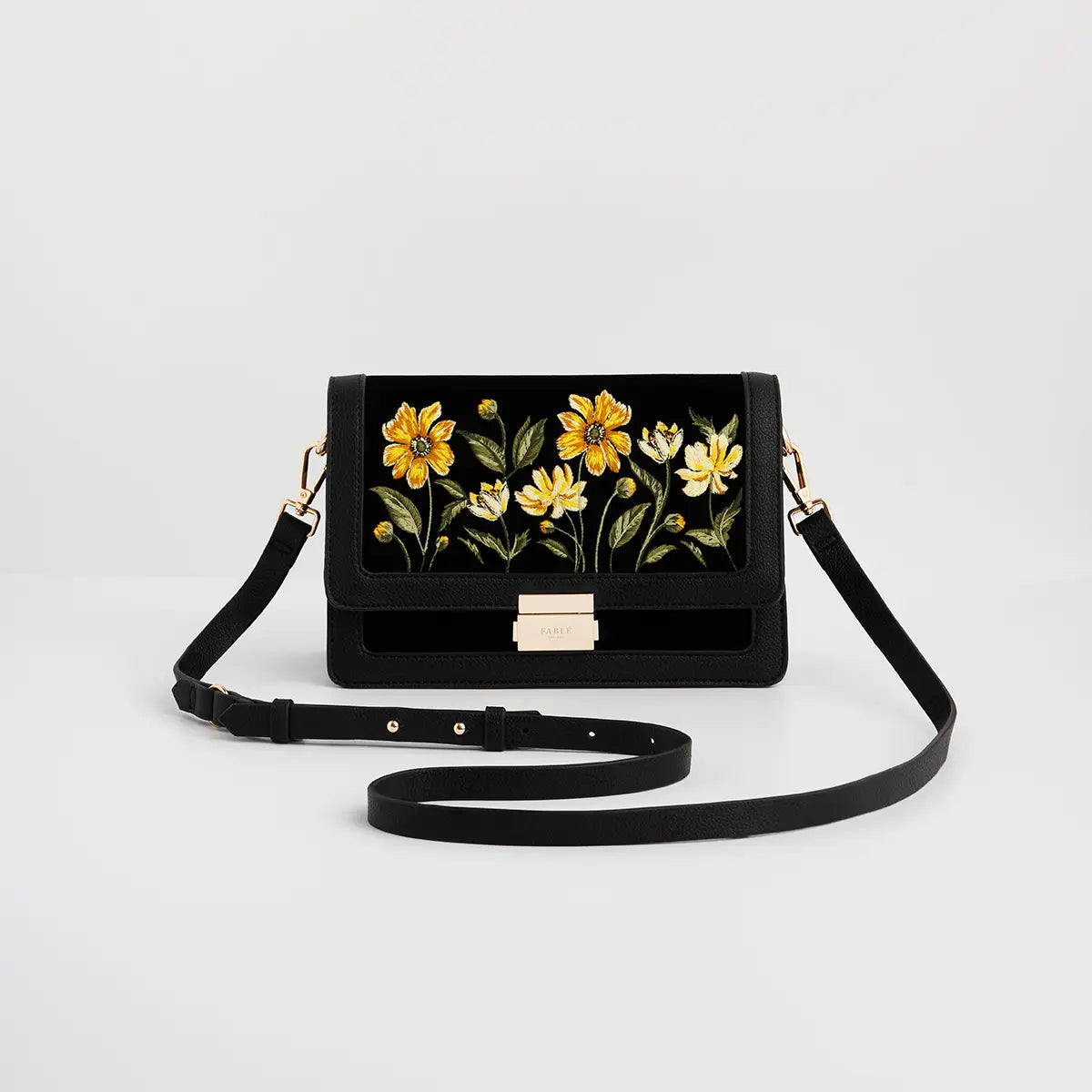 Botanical Black Velvet Embroidered Foldover Bag