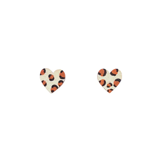 Mini Leopard Print Heart Beige and Brown Wooden Earrings