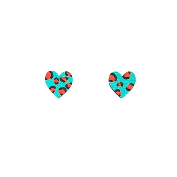 Mini Leopard Print Heart Teal and Orange Wooden Earrings