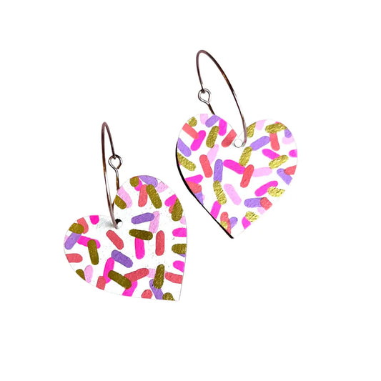 Pink Confetti Heart Hoops Hand Painted Wooden Earrings Eco