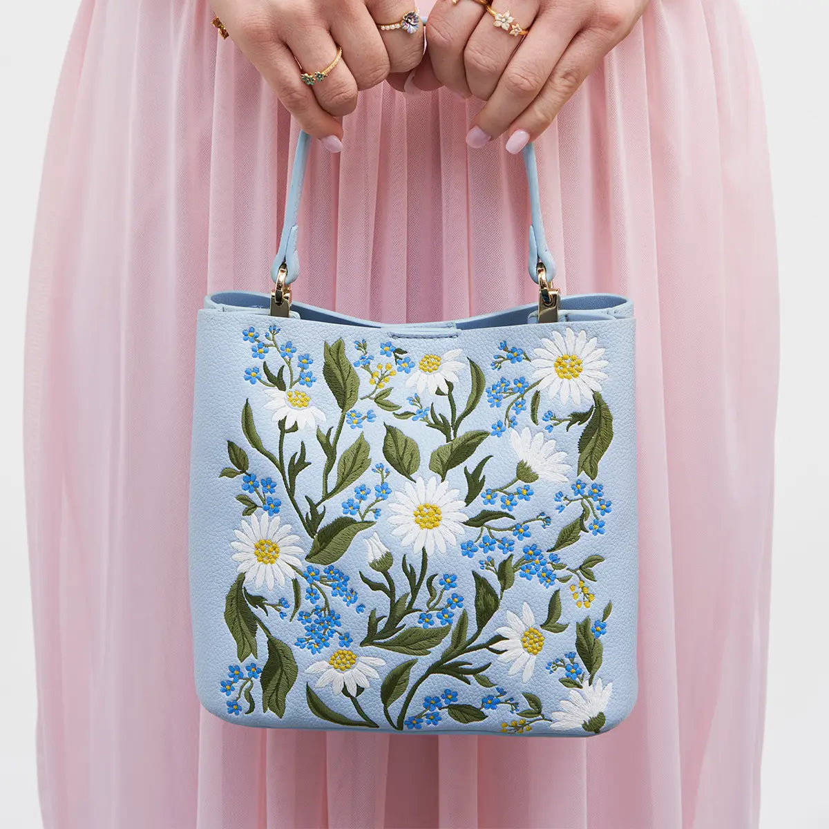 Forget Me Not Blue Embroidered Bucket Bag