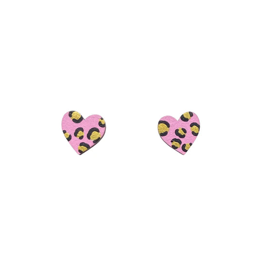 Mini Leopard Print Pink and Gold Wooden Earrings