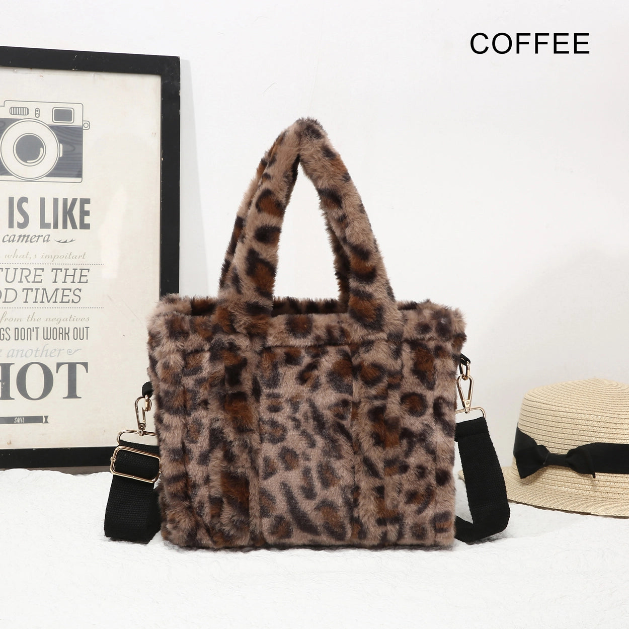 Small Coffee Leopard Print Faux Fur Tote Bag