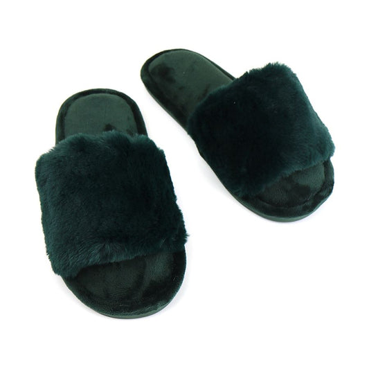 Dark green faux fur slippers M/L