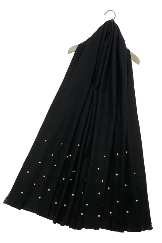 Pearl and Diamante Plain Wool Frayed Scarf