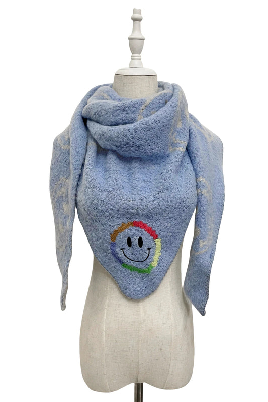 Smiley Face Print Triangle Wool Scarf Blue