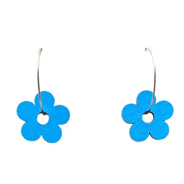 Blue Hand Painted Wooden Flower Hoop Earrings