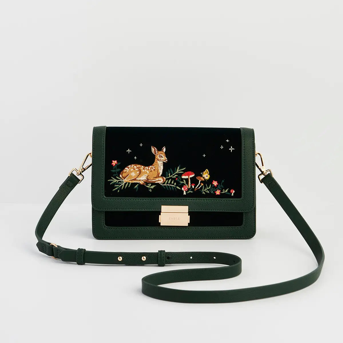 Fawn Embroidered Green Crossbody Bag