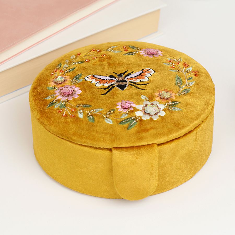 Mustard velvet floral bee theme jewellery box