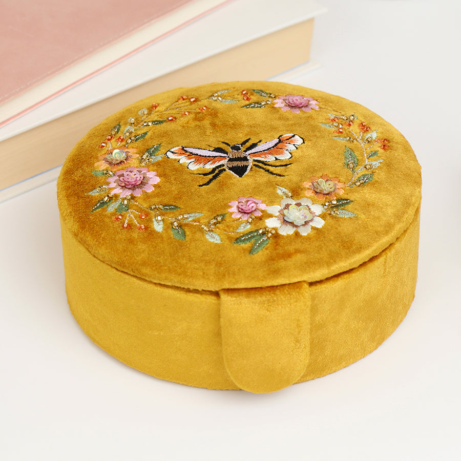 Mustard Velvet Floral Bee Theme Jewellery Box