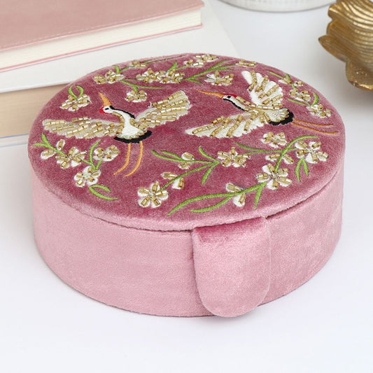 Pink velvet floral crane jewellery box