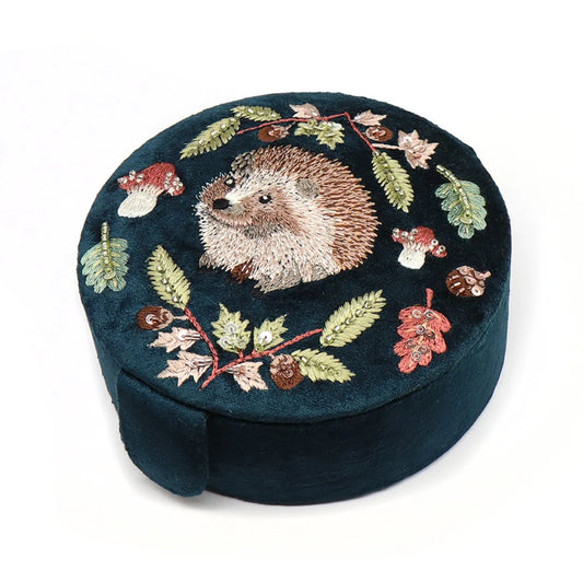 Dark teal velvet hedgehog embroidered round jewellery box