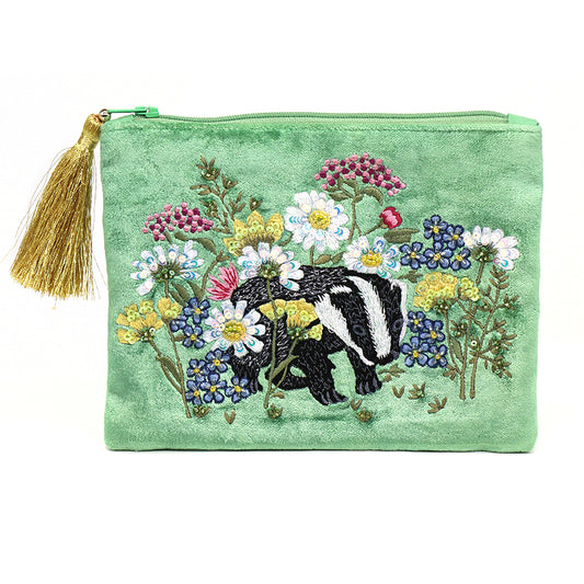 Green floral and badger embroidered velvet zip purse