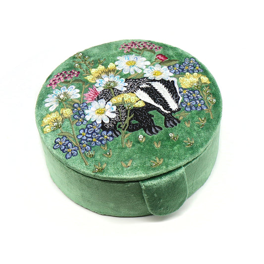 Green floral and badger embroidered velvet round jewellery box