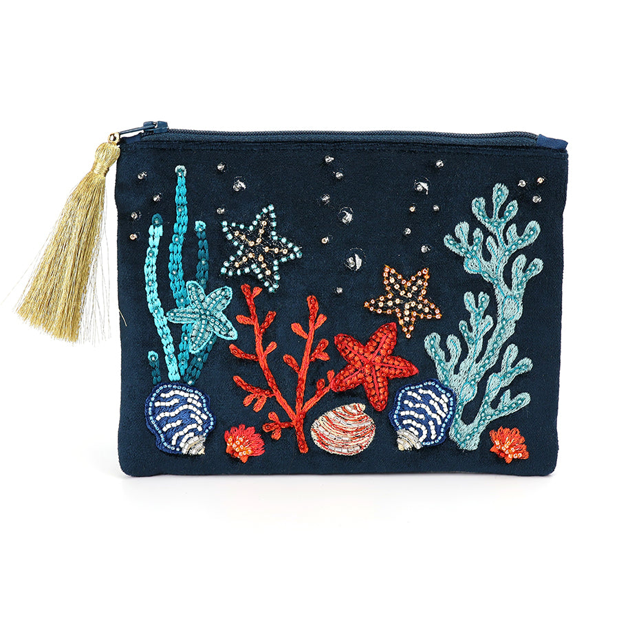 Navy velvet sealife zip purse