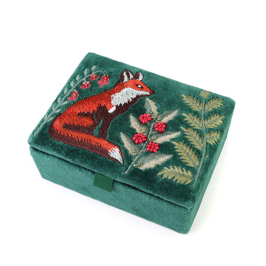 Festive fox deep green velvet embroidered woodland fox small jewellery box