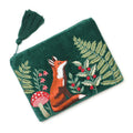 Festive fox deep green velvet embroidered woodland fox zip purse
