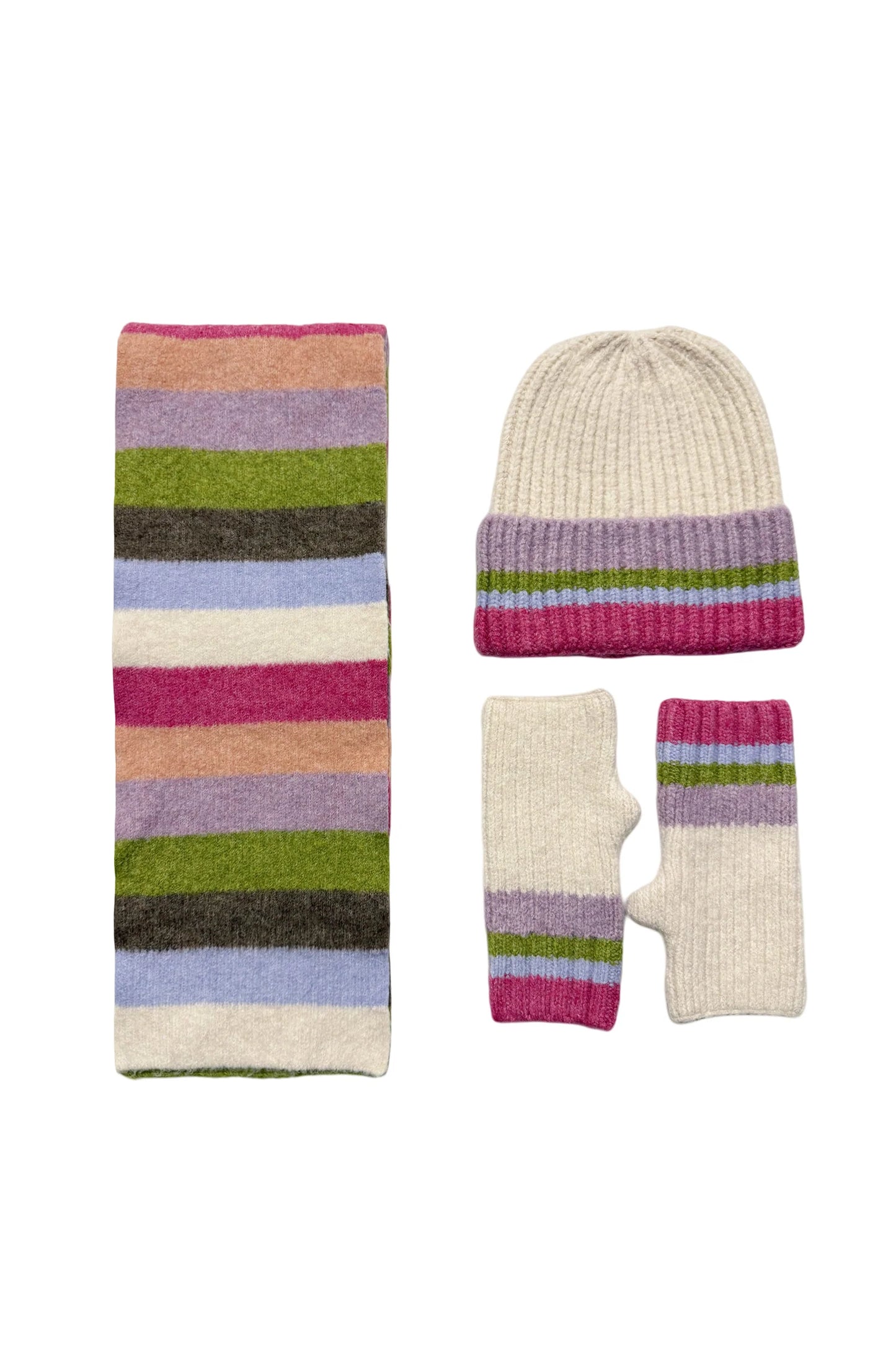Rainbow Stripe Wool Hat, Scarf & Fingerless Glove Set