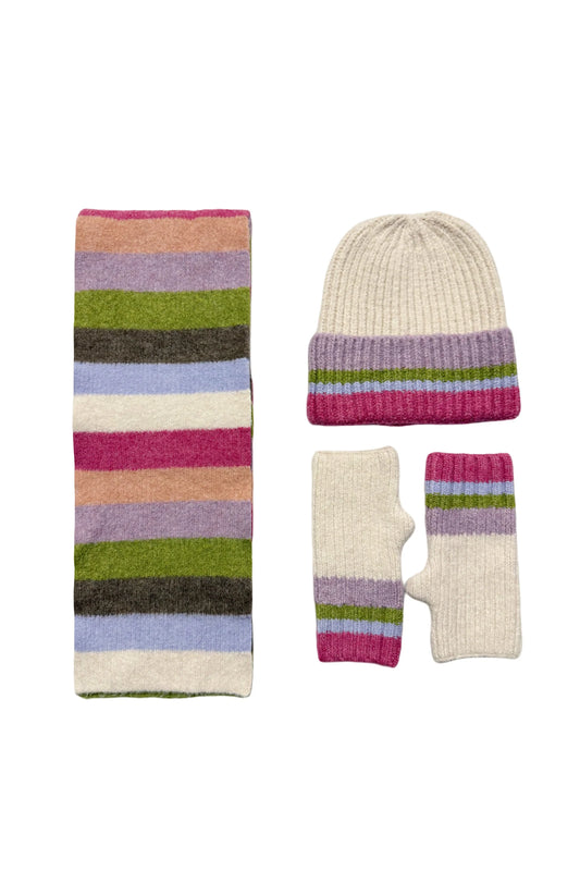 Rainbow Stripe Wool Hat, Scarf & Fingerless Glove Set