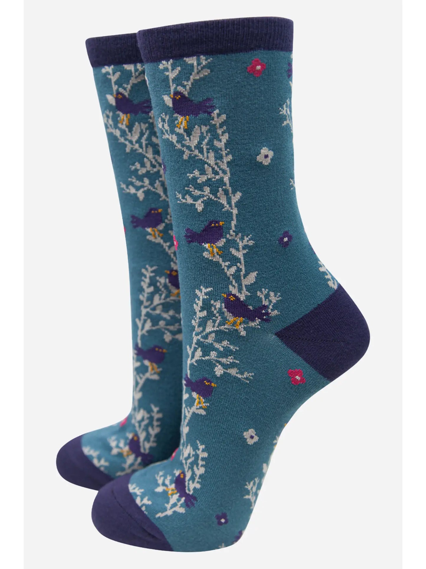 Women's Blackbird Vine Floral Print Ankle Socks Blue