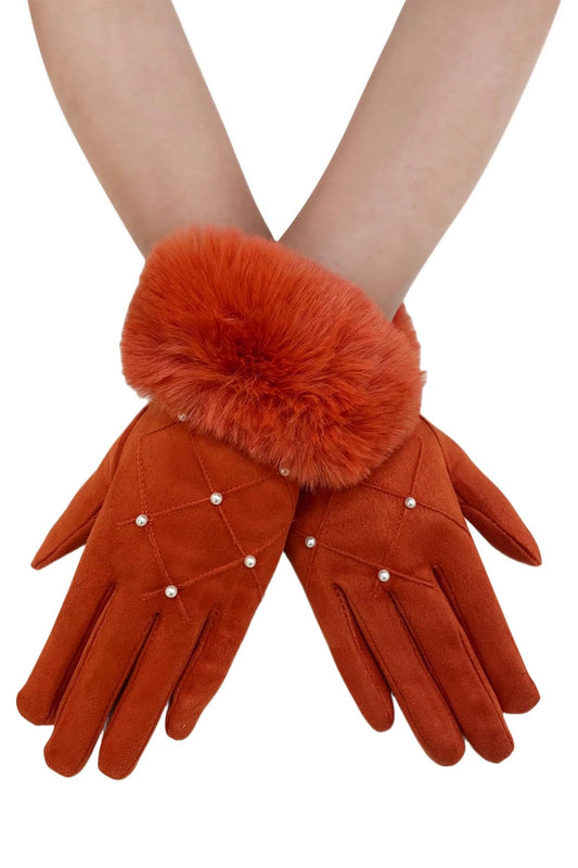 Pearl Diamond Print Faux Fur Trim Touch Screen Gloves