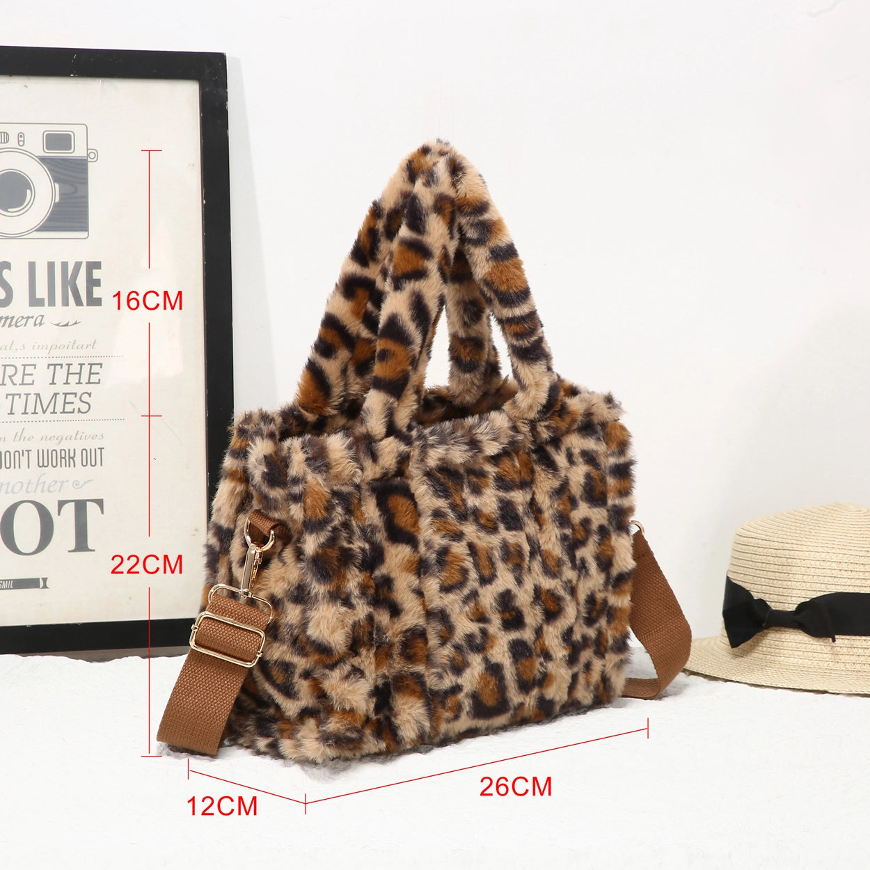 Small Brown Leopard Print Faux Fur Tote Bag