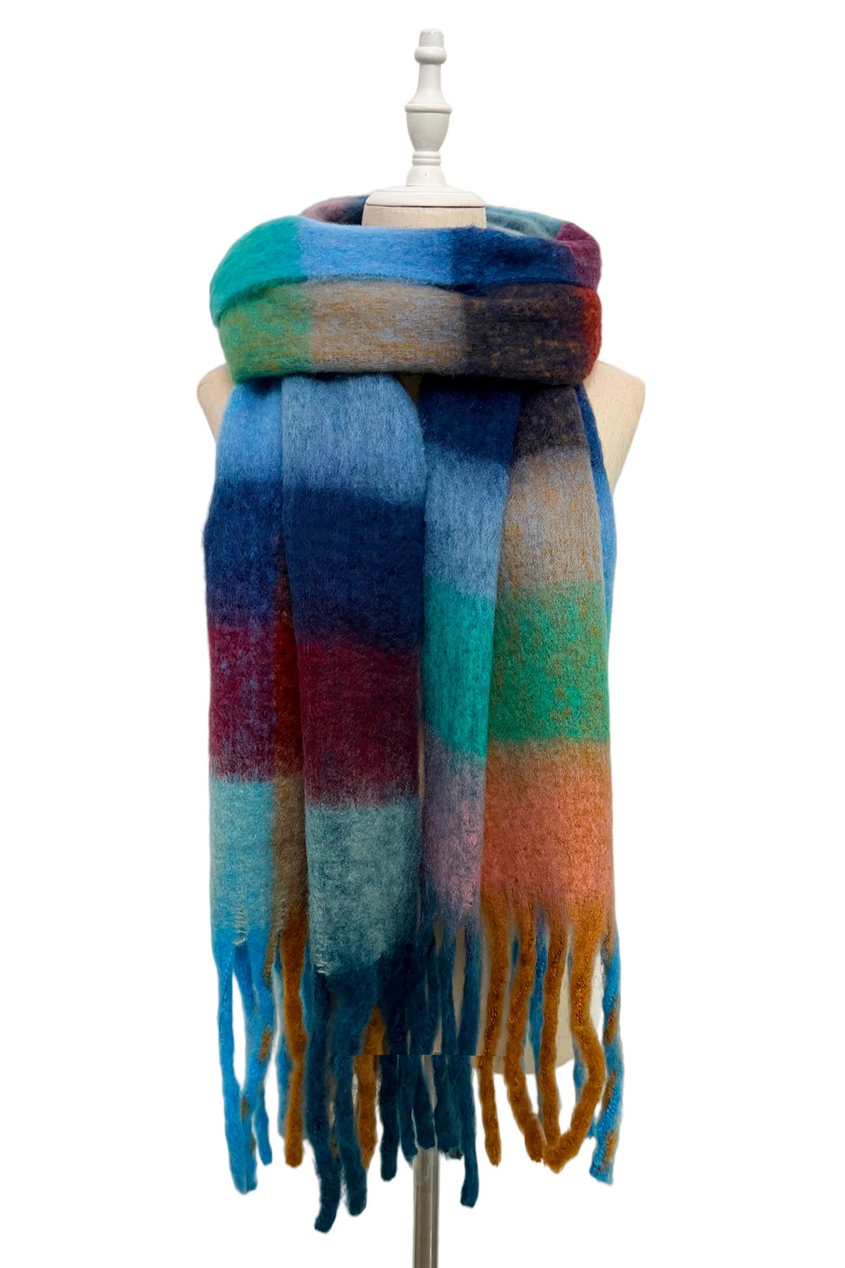 Oxford Blue Mix Check Chunky Tassel Scarf