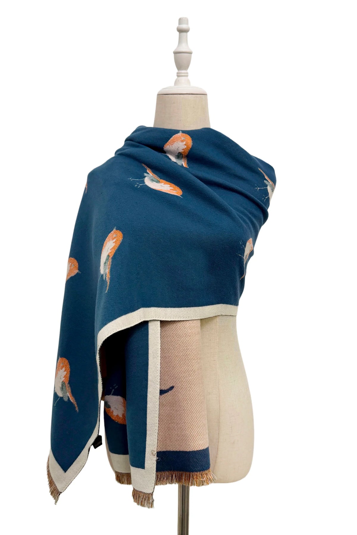 Reversible Robin Bird Print Boarder Frayed Blanket Scarf