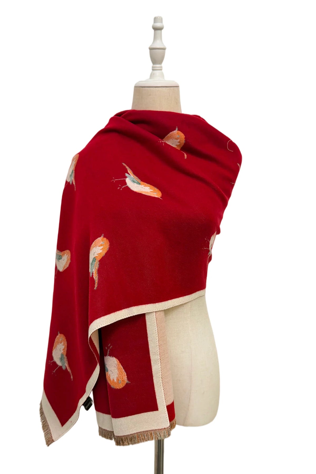 Reversible Robin Bird Print Boarder Frayed Blanket Scarf