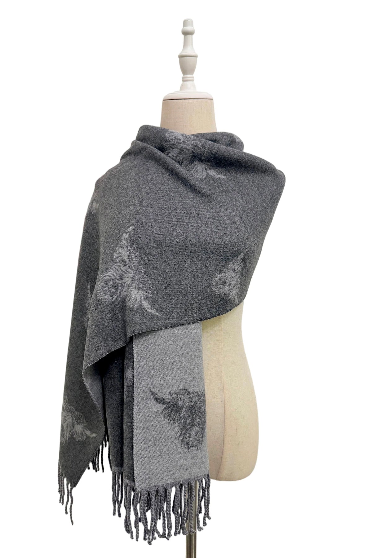 Reversible Scottish Highland Cow Print Tassel Scarf